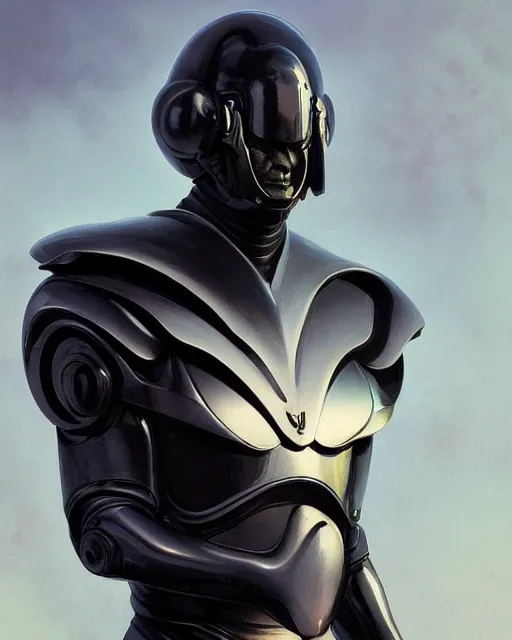 Image similar to iridescent sinewy smooth muscular male sleek glossy black pearlescent futuristic armor with smooth black featureless helmet, by greg rutkowski, mark brookes, jim burns, tom bagshaw, magali villeneuve, trending on artstation