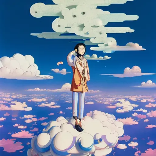 Image similar to a man walking on clouds above kyoto by takashi murakami, beeple and james jean, aya takano color style, 4 k, super detailed