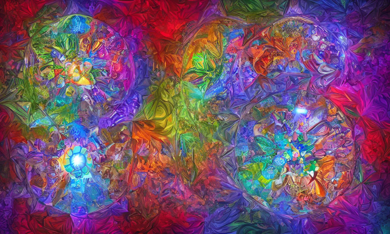 Image similar to voronoi engine laboratory 3 d volume kaleidoscope mandala fractal chakra digital multicolor stylized concept substance by artgerm, rossdraws, norman rockwell, magali villeneuve, gil elvgren, alberto vargas, earl moran, enoch bolles radiating a glowing aura global illumination ray tracing hdr