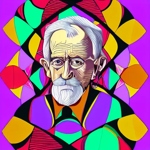 Image similar to portrait of a distinguished old man with formal cothing, kaleidoscopic shapes and colors in the background