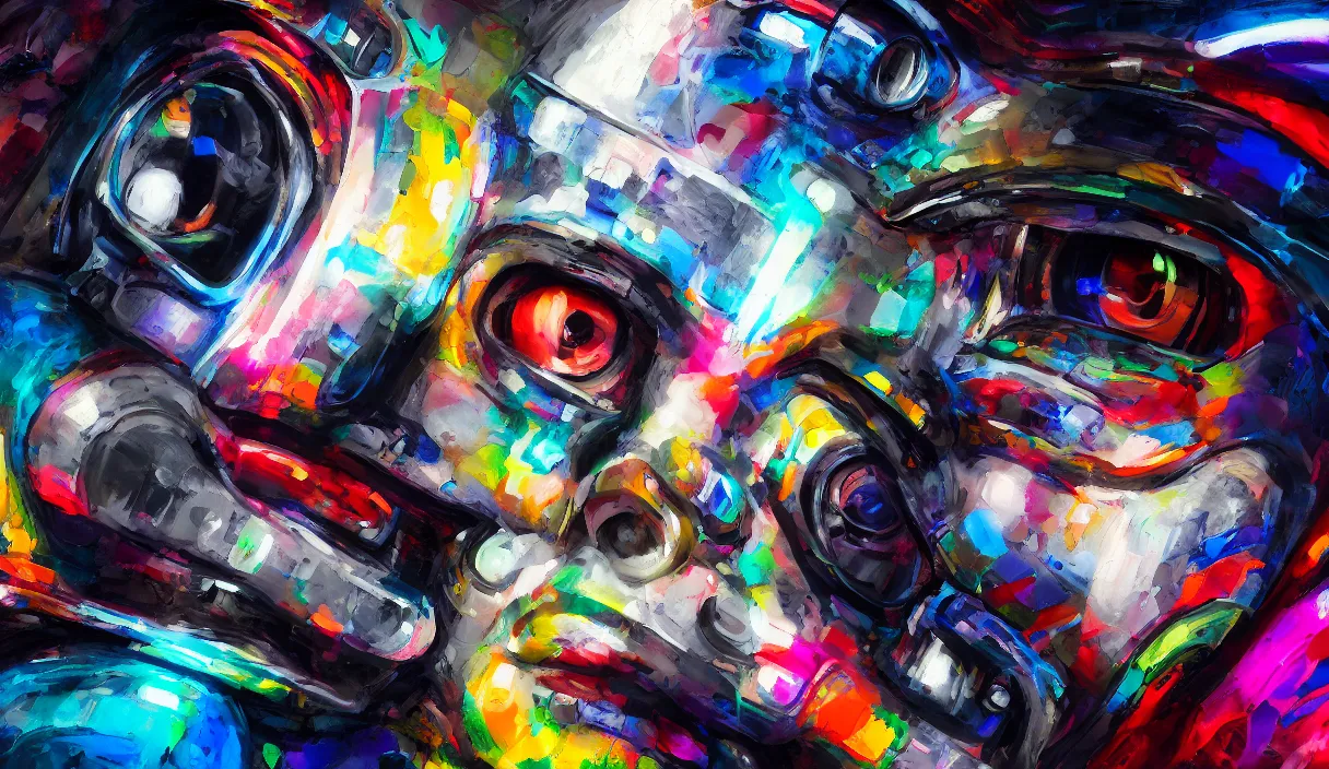 Prompt: colourful cinematic bust portrait of an artist robot painting an artwork on a canvas with a brush, paint and color, robotic enhancements, desaturated, oil on canvas, masterpiece, trending on artstation, featured on pixiv, cinematic composition, dramatic pose, beautiful lighting, sharp, details, hyper-detailed, HD, HDR, 4K, 8K
