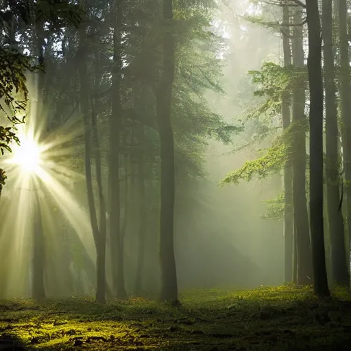 Image similar to misty forest scene, the sun shining through the trees