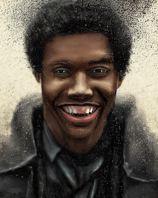 Image similar to a highly detailed portrait of black man smiling in the rain in a back tuxedo, intricate, digital painting, old english, raining, sepia, particles floating, whimsical background by marc simonetti, artwork by liam wong