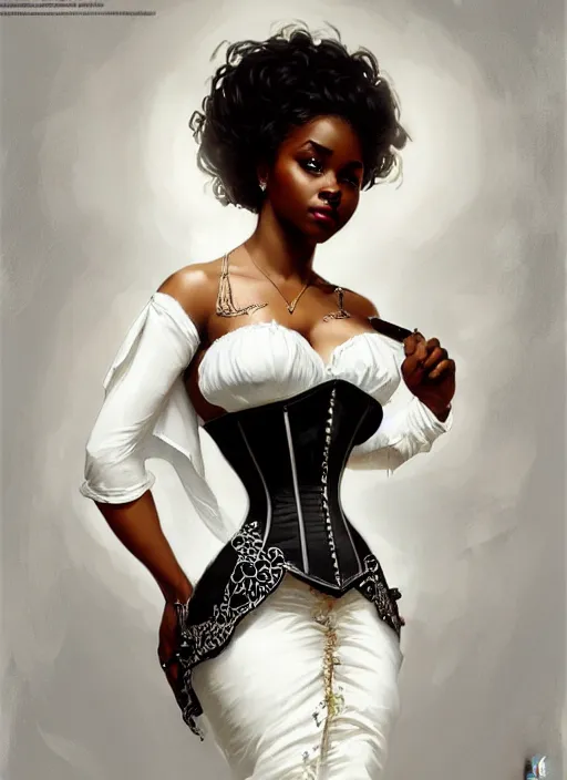 Image similar to cute black woman wearing a white corset dress, fantasy, intricate, highly detailed, digital painting, artstation, concept art, wallpaper, smooth, sharp focus, illustration, art by artgerm and greg rutkowski and alphonse mucha