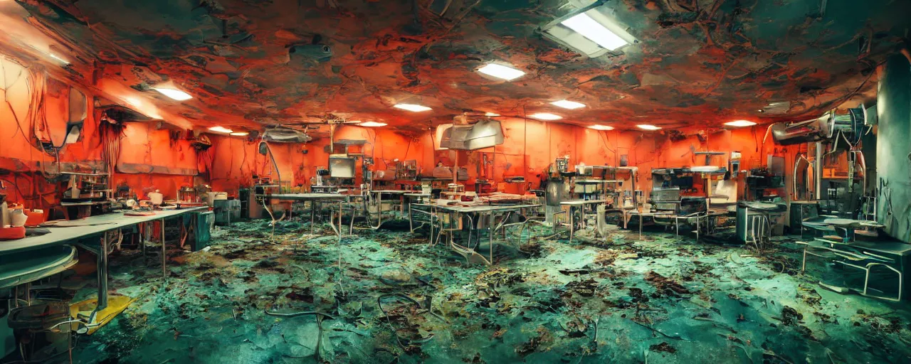 Prompt: Film still of a brightly lit science lab on a space ship, metal, floor grills, ventilation shafts, dusty, orange and red lighting, burning fire, water dripping, puddles, wet floor, rust, decay, green vines, overgrown, tropical, Cinestill colour cinematography, anamorphic