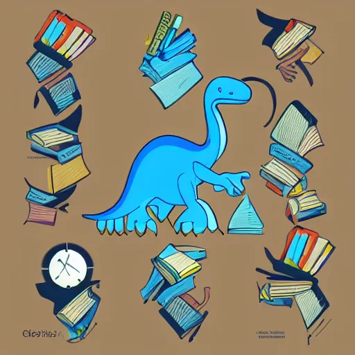 Image similar to dinosaur with books for scales, cartoon artwork, logo, clean design, minimalist