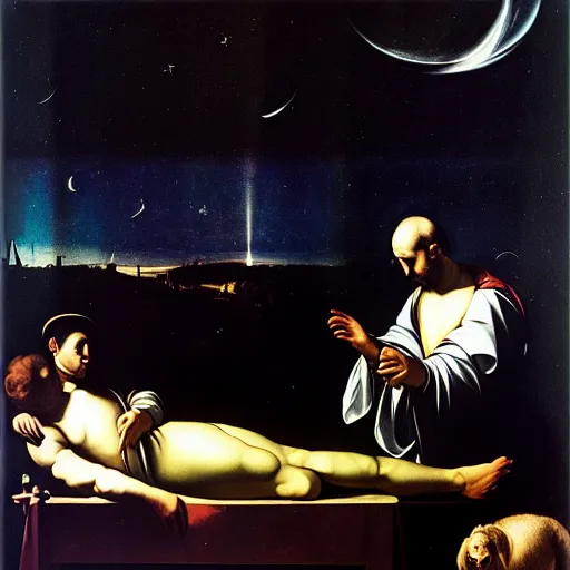 Image similar to about world in comfort caravaggio and quint bucholz parallel reality with unreal endless night sky