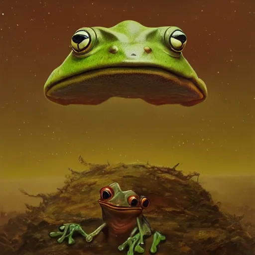 Prompt: long shot of an frog alien, by esao andrews, by m. w. kaluta, by james web telescope, ultra humorous beautiful oil painting, cinematic space scenery, small depth of field, depth perception, volumetric light, rich colors, 3 d octane render, 8 k, conceptart, hyperdetailed, hyperrealistic, trending on artstation