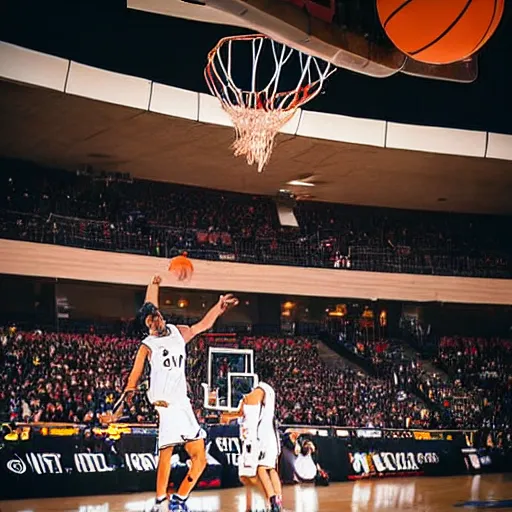 Prompt: a wizard flying through the air playing basketball dunking over a short hobbit whose arms are outstretched pathetically, sports photography