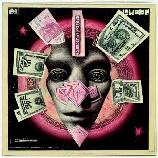 Image similar to post - punk new age album cover, asymmetrical design, dollar bank notes, capitalism, magic, apocalypse, psychedelic, black white pink, magic, giger h. r., giuseppe arcimboldo, peder aalto