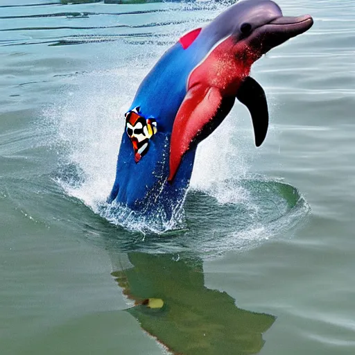 Image similar to a dolphin wearing a superman outfit