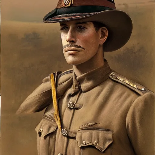 Image similar to a detailed photorealistic sepia - toned color portrait painting of a 1 9 1 7 worried clean - shaven british lieutenant in field gear from the arab bureau in wadi rum, ultra realistic, intricate details, atmospheric, dark, brooding, highly detailed, by clyde caldwell