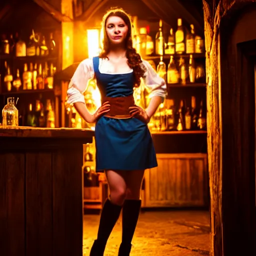 Image similar to young attractive beautiful bar maid in a medieval tavern at night, cinematic, filmic, studio lighting