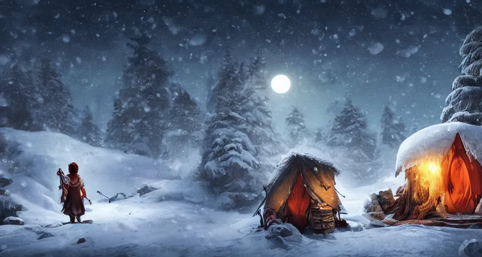 Image similar to an epic fantasy adventurer's camp in the snow with a hide tent at night with a full moon, a single adventurer with red hair, 4 k, extremely detailed. award winning, trending on artstation, 8 k, ultra wide angle