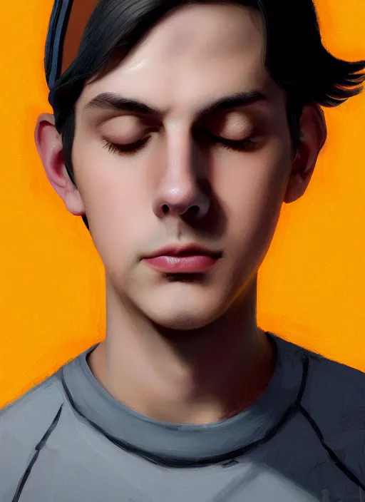 Image similar to portrait of teenage jughead jones wearing a light grey crown, crown, hamburger background, eyes closed, crown, black hair, orange, intricate, elegant, glowing lights, warm lighting, highly detailed, digital painting, artstation, concept art, smooth, sharp focus, illustration, art by wlop, mars ravelo and greg rutkowski