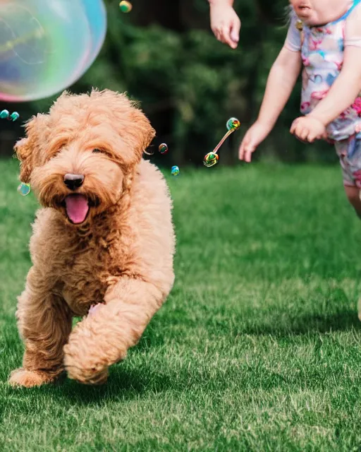 Image similar to stock photos of a golden doodle puppy chasing after a toddler who is blowing giant soap bubbles