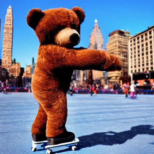Prompt: teddy bear skating on tines square