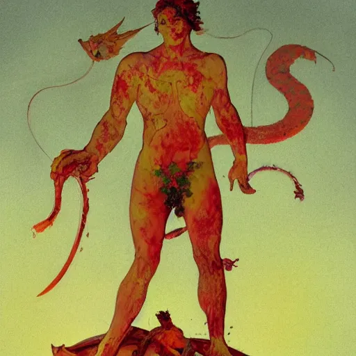 Image similar to ornate fluorescent yellow, fluorescent by margaret modlin, by walter ernest webster, by pascale campion. a photograph of hercules after he has completed one of his twelve labors, the killing of the hydra. he is standing over the dead hydra, covered in blood clutching a sword that slew the beast. his face is expressionless.