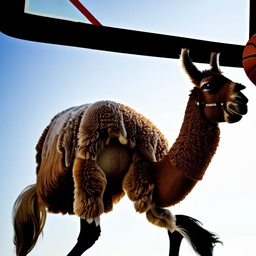 Image similar to a photo of a llama dunking a basketball, 4 k, photography, high resolution