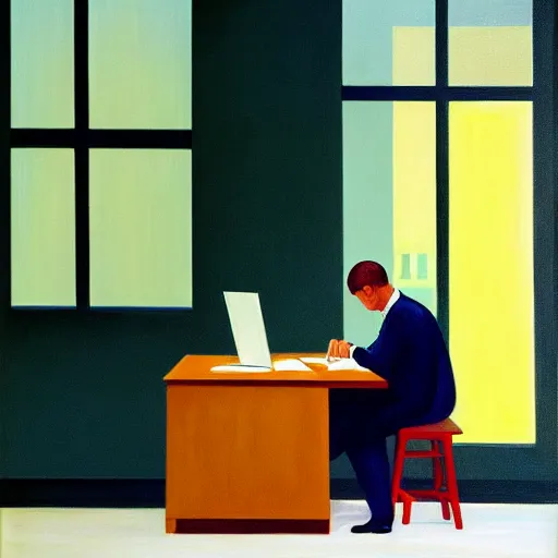 Image similar to painting of a lonely man, sitting at his desk in an empty, huge office, in the style of edward hopper