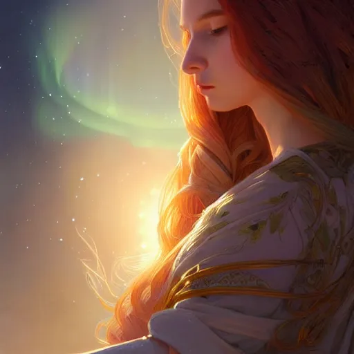 Image similar to aurora, girl with super long hair, hair becoming bright stars, intricate, highly detailed, digital painting, artstation, concept art, smooth, sharp focus, illustration, unreal engine 5, 8 k, art by artgerm and greg rutkowski and alphonse mucha