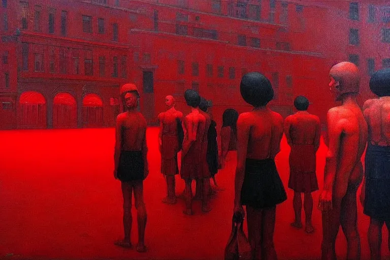 Image similar to only with red, crowd delirious at the sight of a painting, in a city square, in the style of beksinski, parts by edward hopper, parts by rodcenko, parts by yue minjun, intricate and epic composition, red by caravaggio, insanely quality, highly detailed, masterpiece, red light, artstation, 4 k