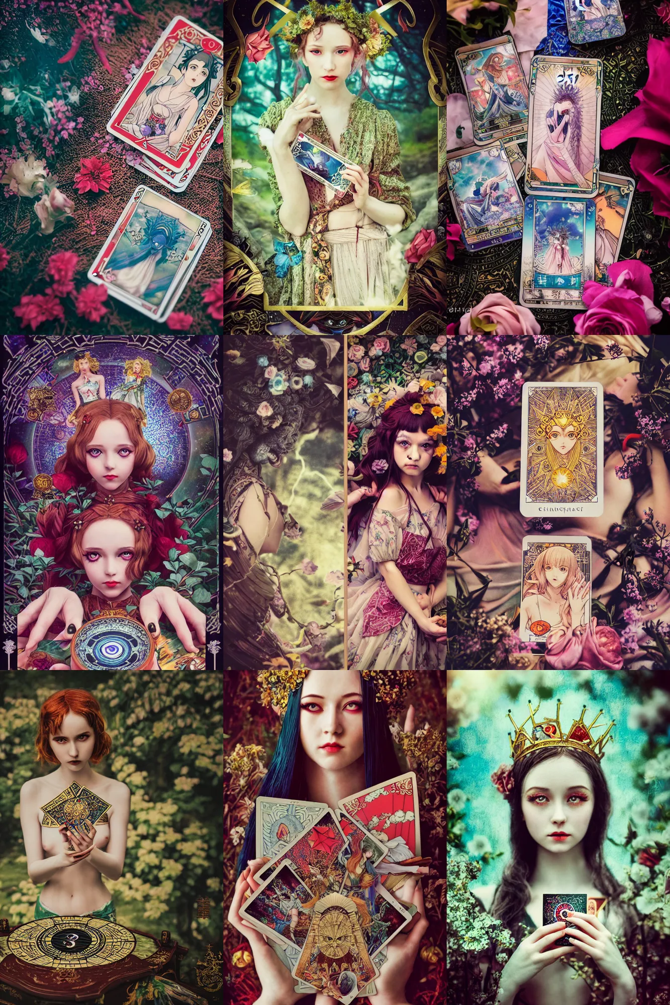 Prompt: Cinestill 50d, 8K, highly detailed, major arcana art deco dream Agnieszka Lorek designed seinen manga tarot sun card style 3/4 still life, eye contact, focus on card, tilt shift background: famous major arcana tarot card remake, transformation scene