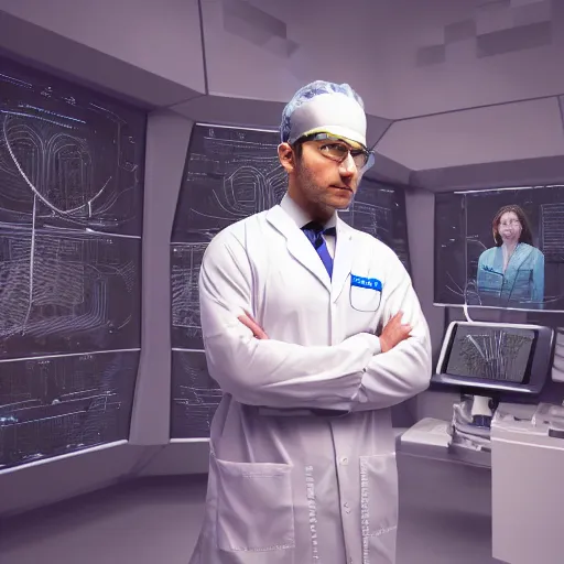 Prompt: ultra realistic and intricate detailed portrait photograph of a futuristic surgeon, standing inside futuristic operating room, full length, doctor, medicine, healthcare, technology, innovation, bright modern style, depth of field, ambient lighting, award winning, magazine cover,