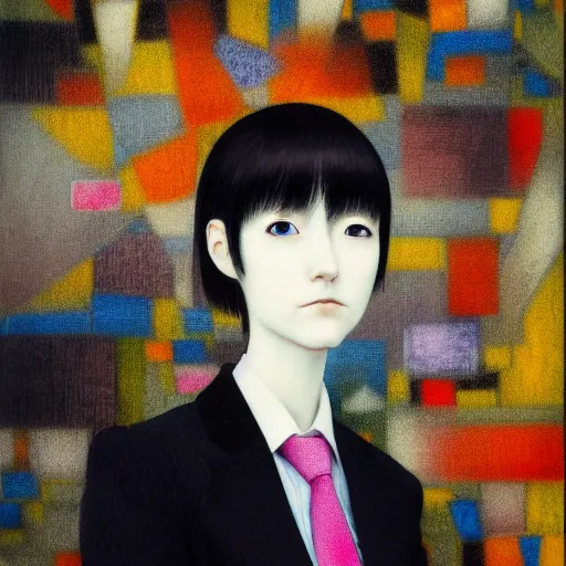 Image similar to yoshitaka amano blurred and dreamy realistic three quarter angle portrait of a young woman with short hair and black eyes wearing office suit with tie, junji ito abstract patterns in the background, satoshi kon anime, noisy film grain effect, highly detailed, renaissance oil painting, weird portrait angle, blurred lost edges