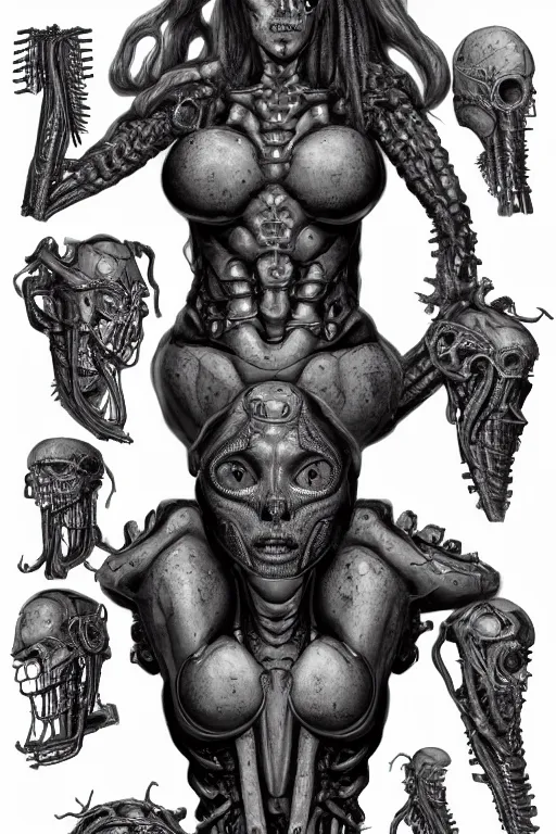 Image similar to cyborg medusa with gunmetal grey skin, medical anatomy, very symmetrical face, highly detailed, mecha, three - perspective / three - view reference sheet ( front / back / side ), in the style of dan ouellette, hr giger, sil from species, dren from splice, biomechanical, artstation, unreal engine