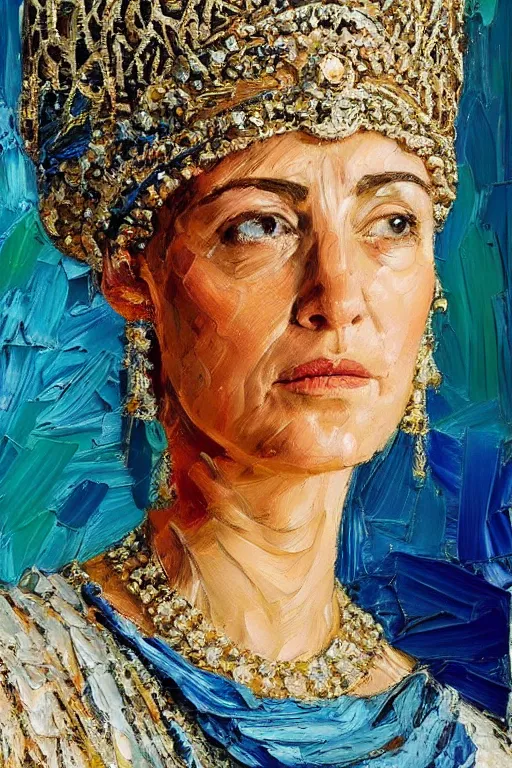 Image similar to highly detailed palette knife oil painting of a historically accurate depiction of the ancient biblical israeli queen Esther, thoughtful, by Peter Lindbergh, impressionistic brush strokes, painterly brushwork