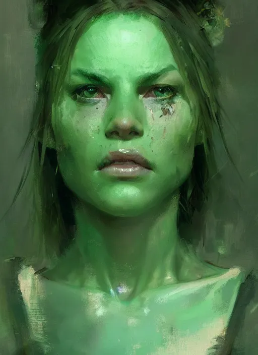 Image similar to green orc female, light green tone beautiful face by jeremy mann, greg rutkowski