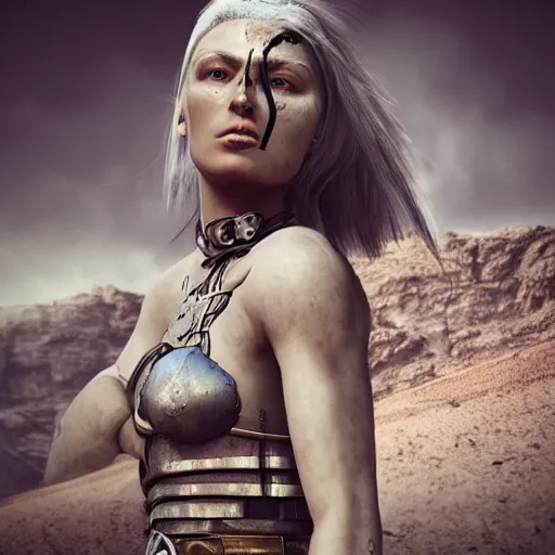 Image similar to beautiful warrior woman, standing in a barren wasteland, futuristic, photo - realistic, octane render, popular on art station