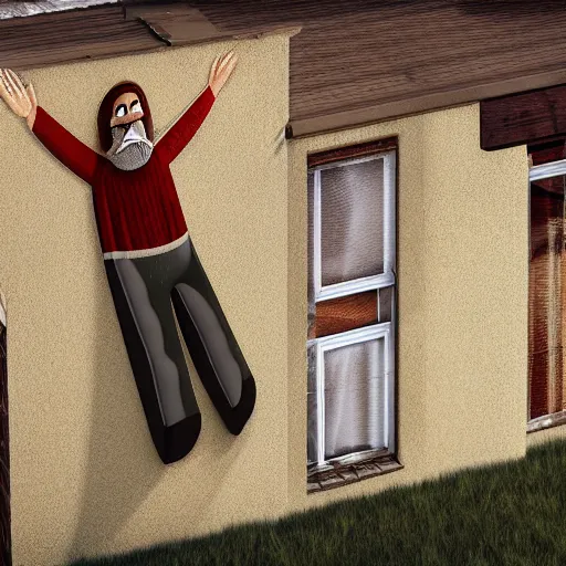 Prompt: long bearded man sliding down the gutter on the side of a house, coherent. cinematic, hyper realism, high detail, 8 k