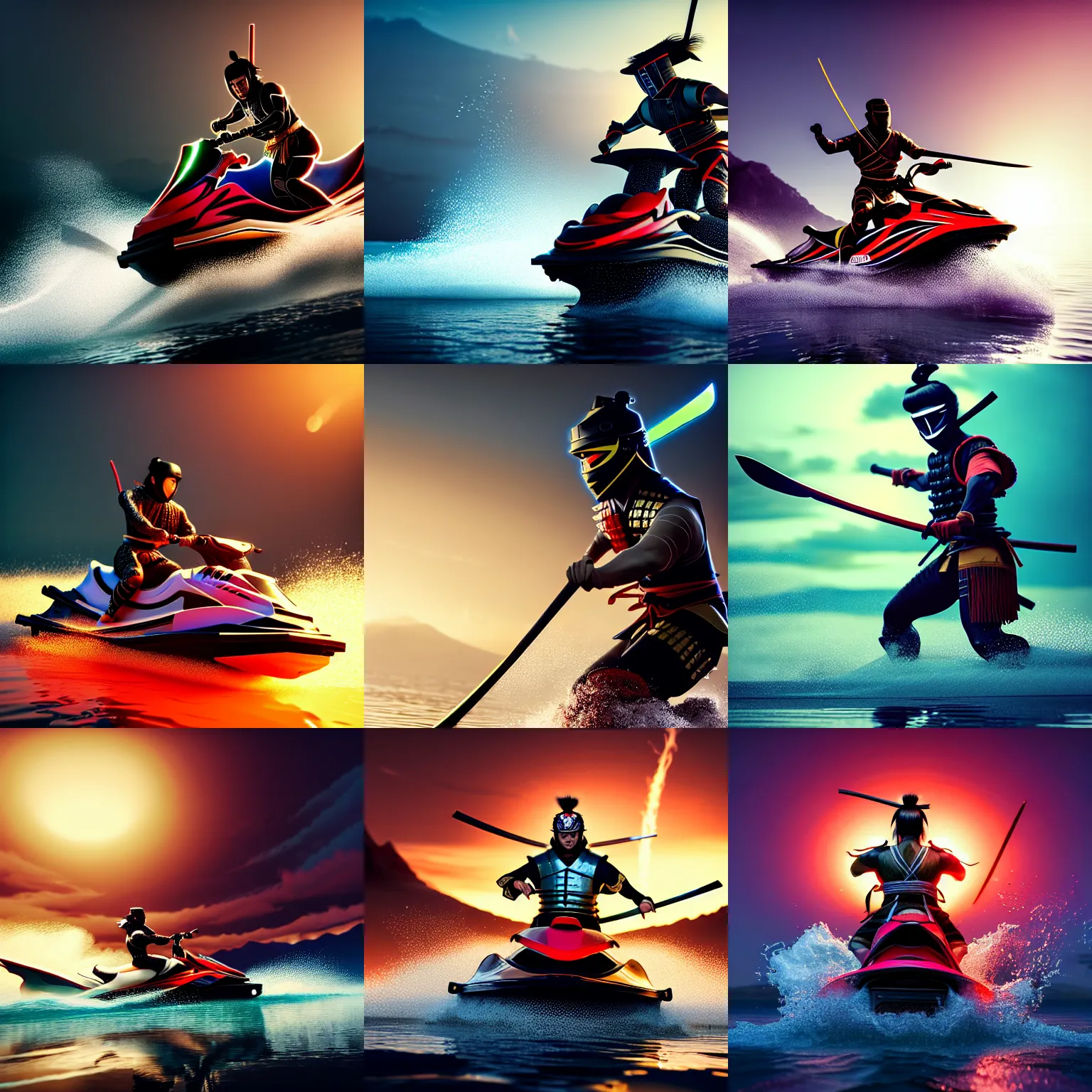 Prompt: a full body painting of a [ samurai riding jetski ] [ katana on his back ], intricate, epic lighting, cinematic composition, hyper realistic, 8 k resolution, unreal engine 5, by artgerm, tooth wu, dan mumford, beeple, wlop, rossdraws, james jean, andrei riabovitchev, artstation