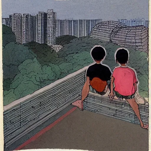 Image similar to art of two singaporean students sitting on the roof of a hdb flat, by moebius