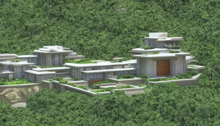 Image similar to villa inspired by tibetan architecture, on a green hill, overlooking a valley with trees, by sant ’ elia frank lloyd wright, zaha hadid, le corbeusier, photorealistic, ray tracing, unreal engine 5, dlsr, 2 4 mm, birds eye view