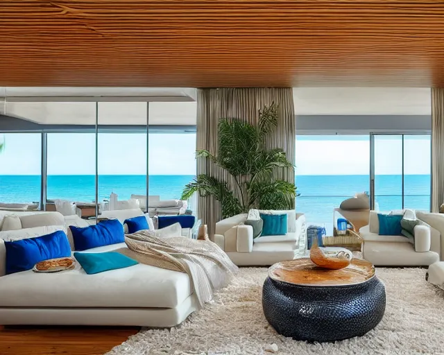 Image similar to A modern living room in a ocean hues style next to a big terrace overlooking the ocean, a luxurious wooden coffee table with large seashells on top in the center, amazing detail, 8k resolution, inspired by the ocean, calm, relaxed style, harmony, wide angle shot