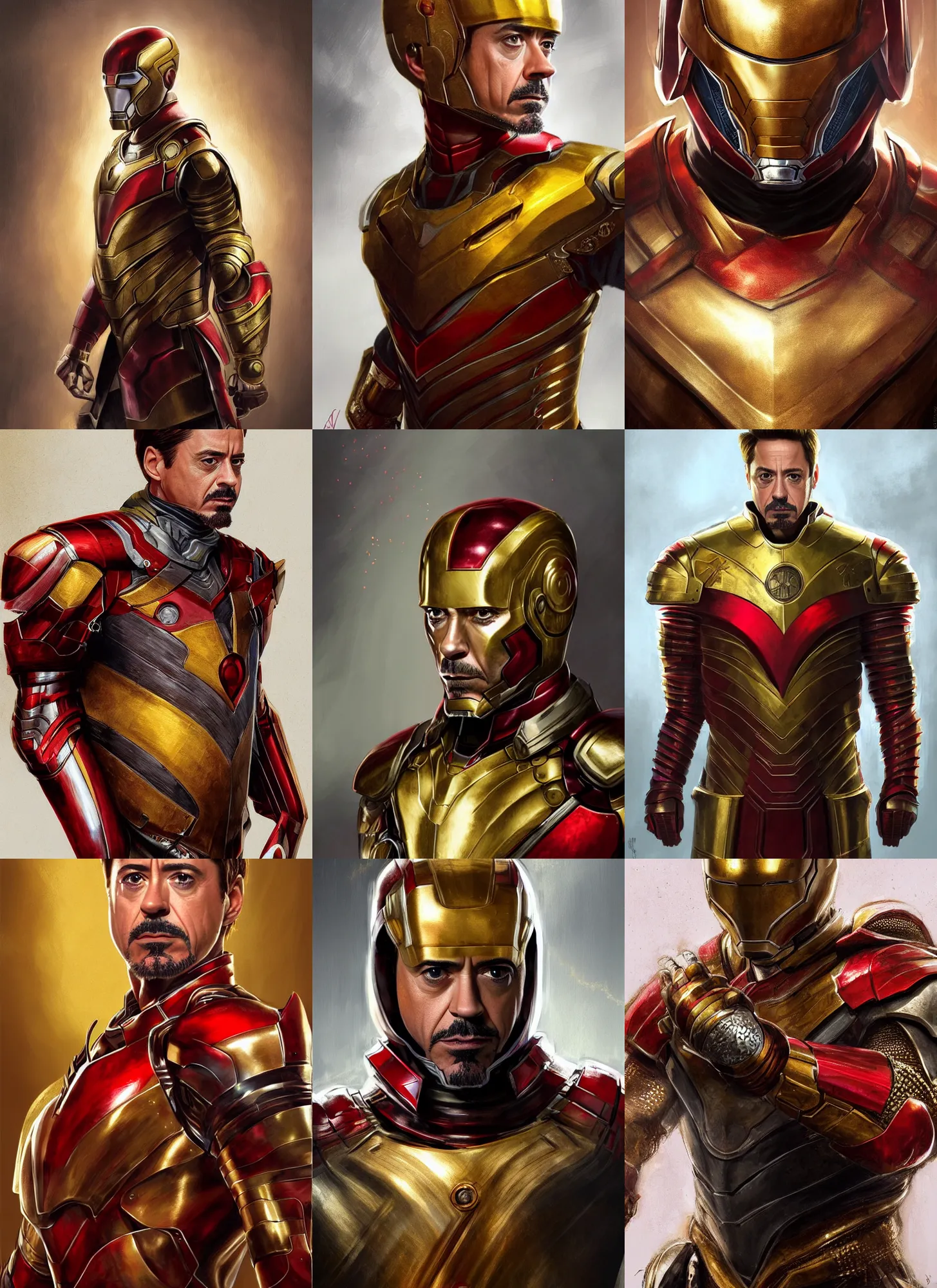 Prompt: robert downey jr portrait with medieval red and golden armor, medieval bowl haircut, highly detailed, digital painting, artstation, concept art, sharp focus, illustration by aleksi briclot, rutkowski