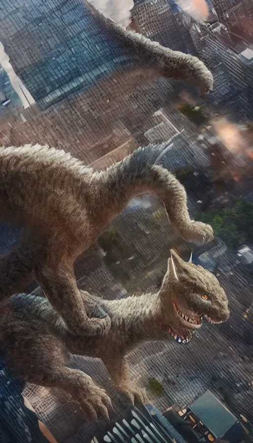 Image similar to hundreds of people running away from the giant catzilla. trending on artstation. realistic cinematography, photorealistic, photography, wide shot