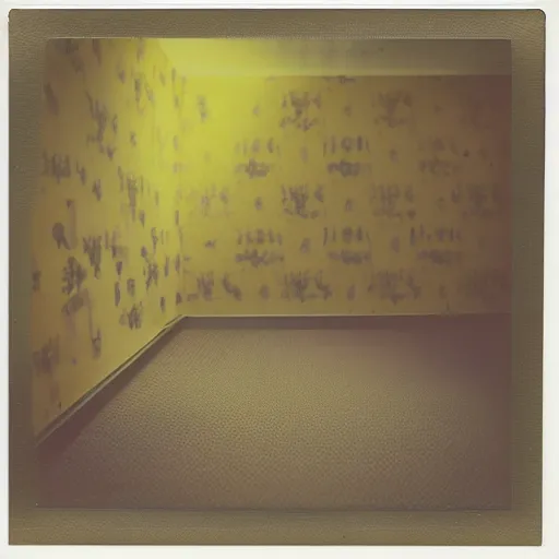 Image similar to A polaroid photograph of empty endless rooms, yellow patterned wallpaper on the walls, moist dirty carpet, unnatural fluorescent warm lights lighting the scene