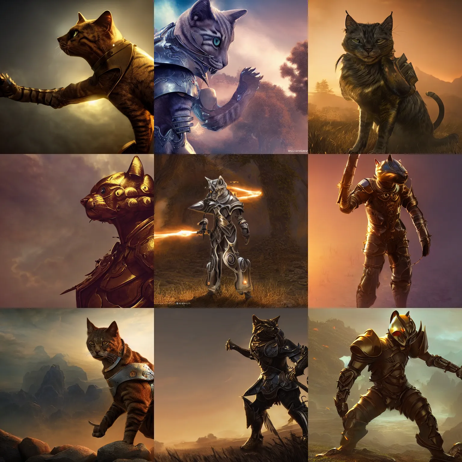 Prompt: cool looking anthrophomorphic cat in armor, sheathed weapon, fantasy, unreal engine, realistic, golden hour, depth of field, cinematic lighting, 8 k