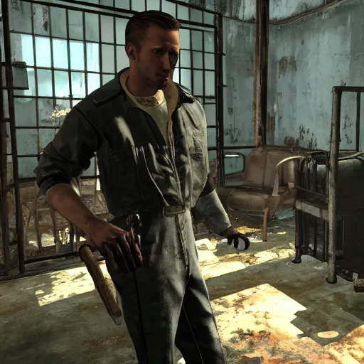 Prompt: ryan gosling in fallout 4 in a slave cage