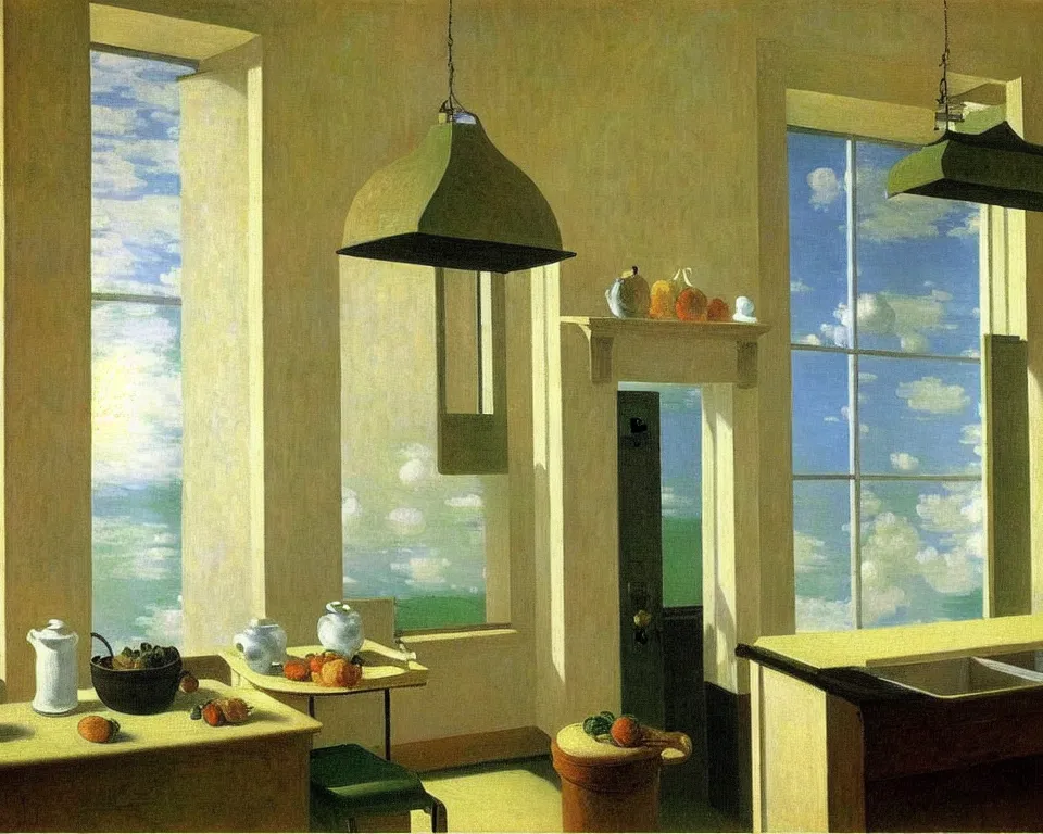 Image similar to achingly beautiful painting of a sophisticated, well - decorated kitchen by rene magritte, monet, and turner.