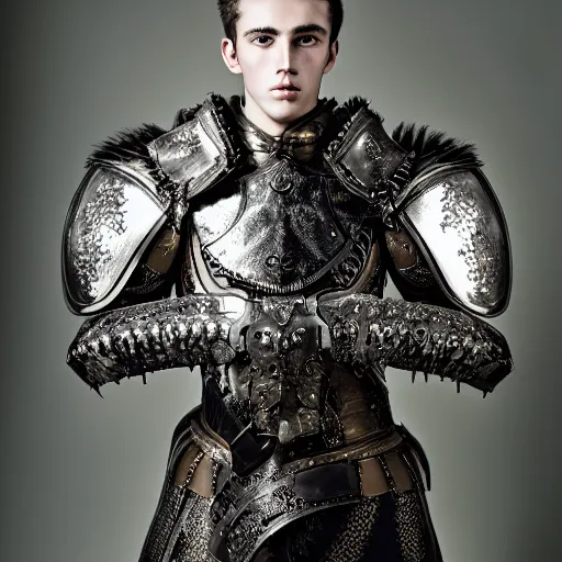 Prompt: a portrait of a beautiful young male wearing an alexander mcqueen armor made of neopren, photographed by andrew thomas huang, artistic