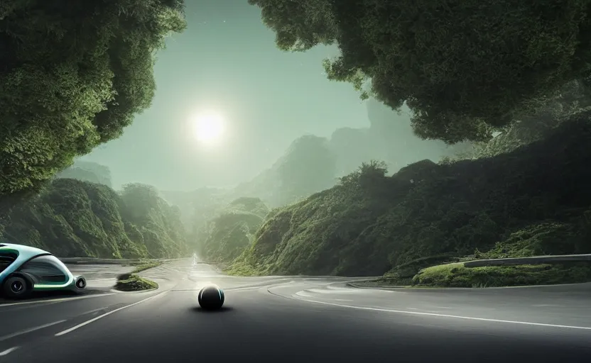Image similar to a spherical car driving down the road, t - rex and humans dancing, smoky, green hills, many interstellar plants, futuristic concept design, airy landscape, high detail rendering by octane, unreal engine, 8 k, cinematic grade.