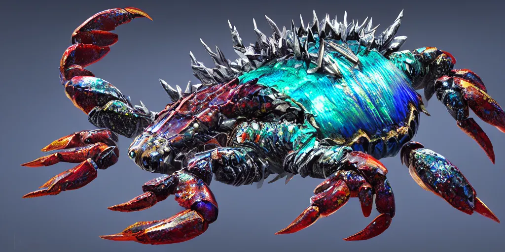 Image similar to Iridescent crab seamonster, character design sheet, Monster Hunter Illustrations art book, diamond sharp claws, huge arms, iridescent shards on its back, Moebius, Greg Rutkowski, Zabrocki, Karlkka, Jayison Devadas, Phuoc Quan, trending on Artstation, 8K, ultra wide angle, zenith view, pincushion lens effect.