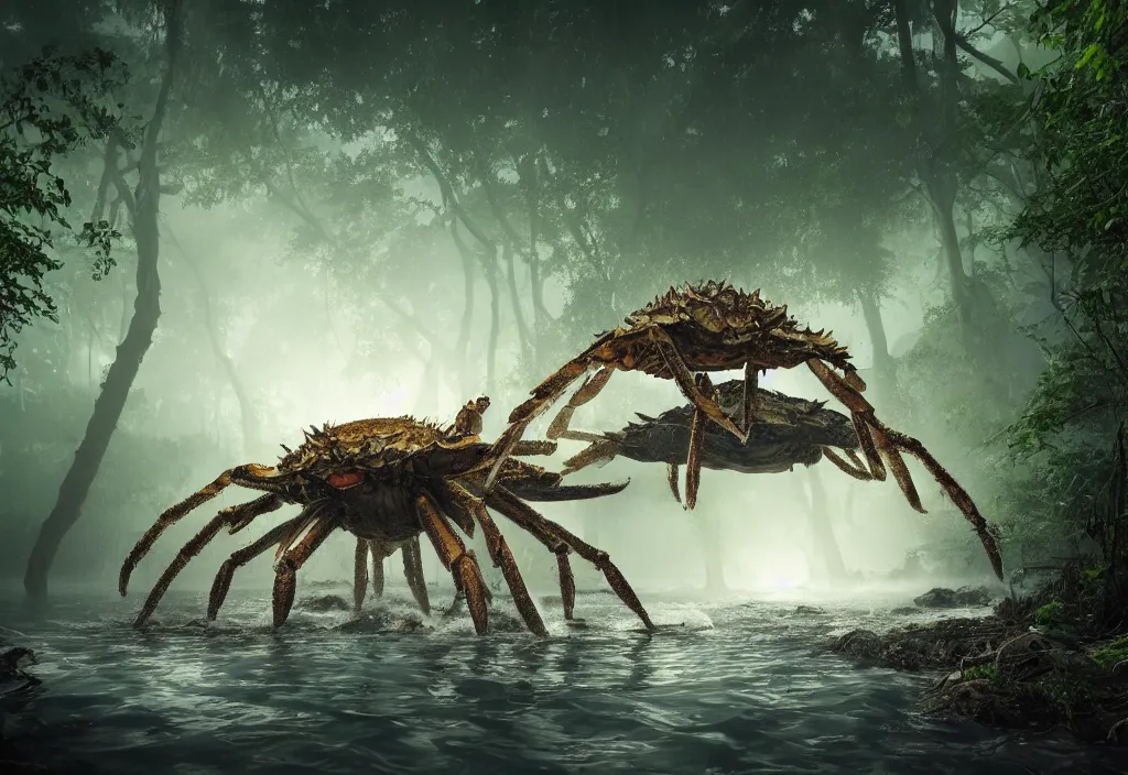 Prompt: an enormous giant crab king emerging from the waters, in a jungle with ominous light from above, ambient light, fog, river, very poetic