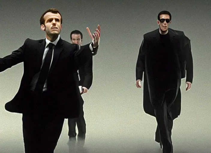 Image similar to hyper realistic, production still of emmanuel macron playing neo in matrix ( 1 9 9 9 ), 4 k, highly detailed, anamorphic