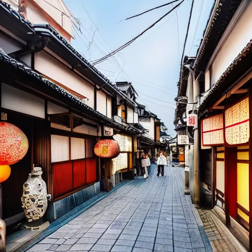 Prompt: A very detailed traditional Japanese street with lots of small shops selling intricate antiques in the future, photorealistic, 4k